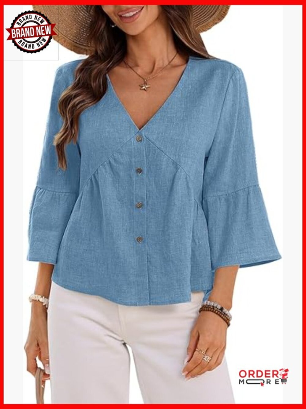 100% Linen Button Shirt 3/4 Sleeve Cropped Ruffle Peplum V Neck Top